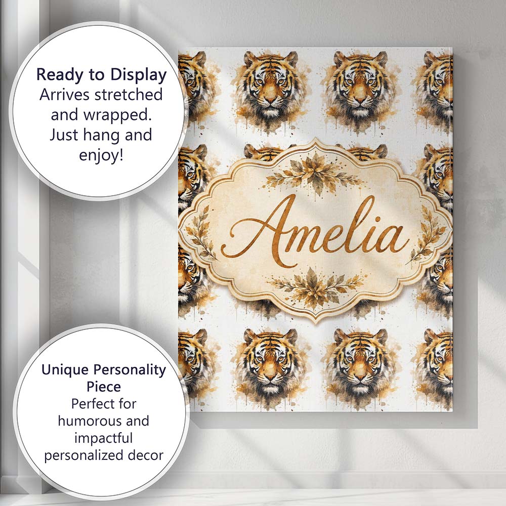 Personalised Name Watercolor Tiger Face Custom  Modern Room Accent Elegant Feature Canvas Wall Art Print Decor Picture Ready to Hang
