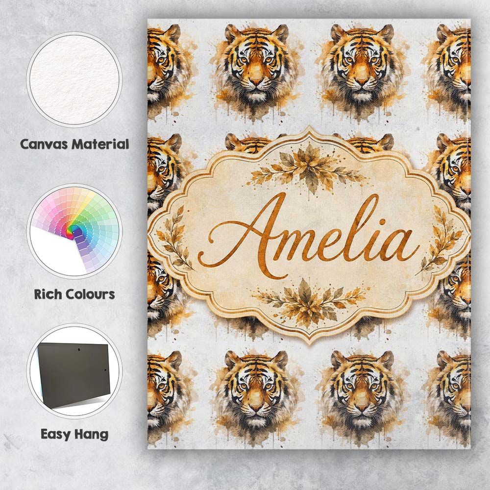 Personalised Name Watercolor Tiger Face Custom  Modern Room Accent Elegant Feature Canvas Wall Art Print Decor Picture Ready to Hang