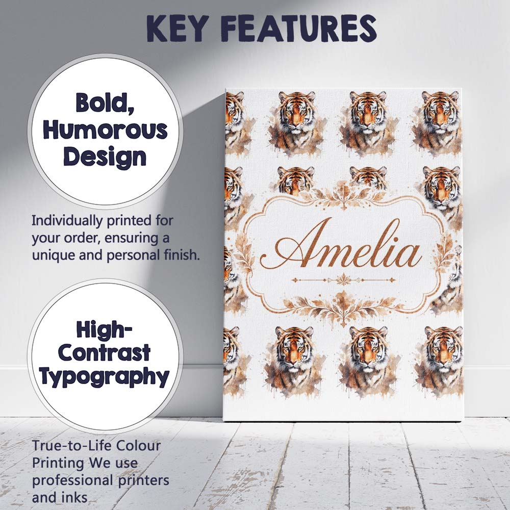 Personalised Name Realistic Tiger Portrait Custom  Unique Gift Idea Elegant Feature Canvas Wall Art Print Decor Picture Ready to Hang