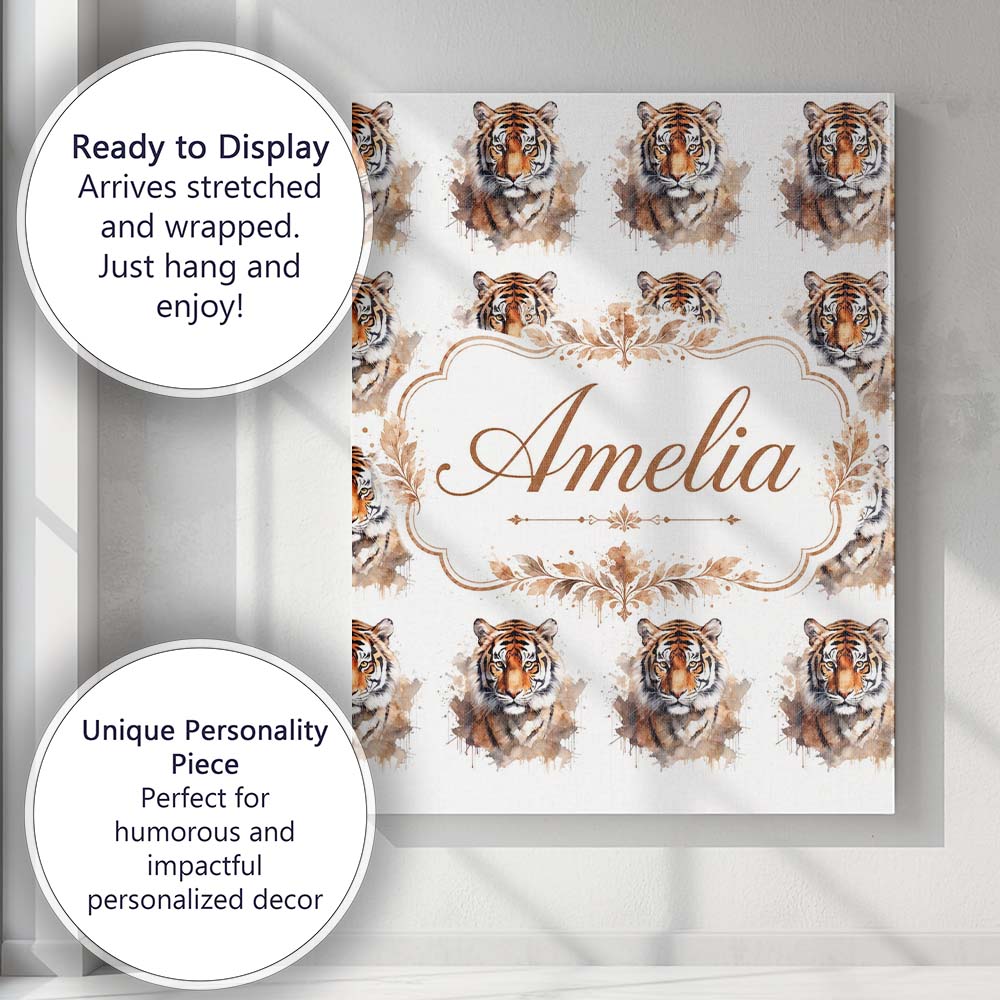 Personalised Name Realistic Tiger Portrait Custom  Unique Gift Idea Elegant Feature Canvas Wall Art Print Decor Picture Ready to Hang