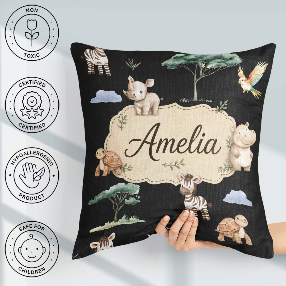 Custom Name Cute Safari Animals Zebra Turtle on Seamless Pattern Square Filled Cushion Throw Pillow Sofa Bed Home Decor Zip Washable UK Made