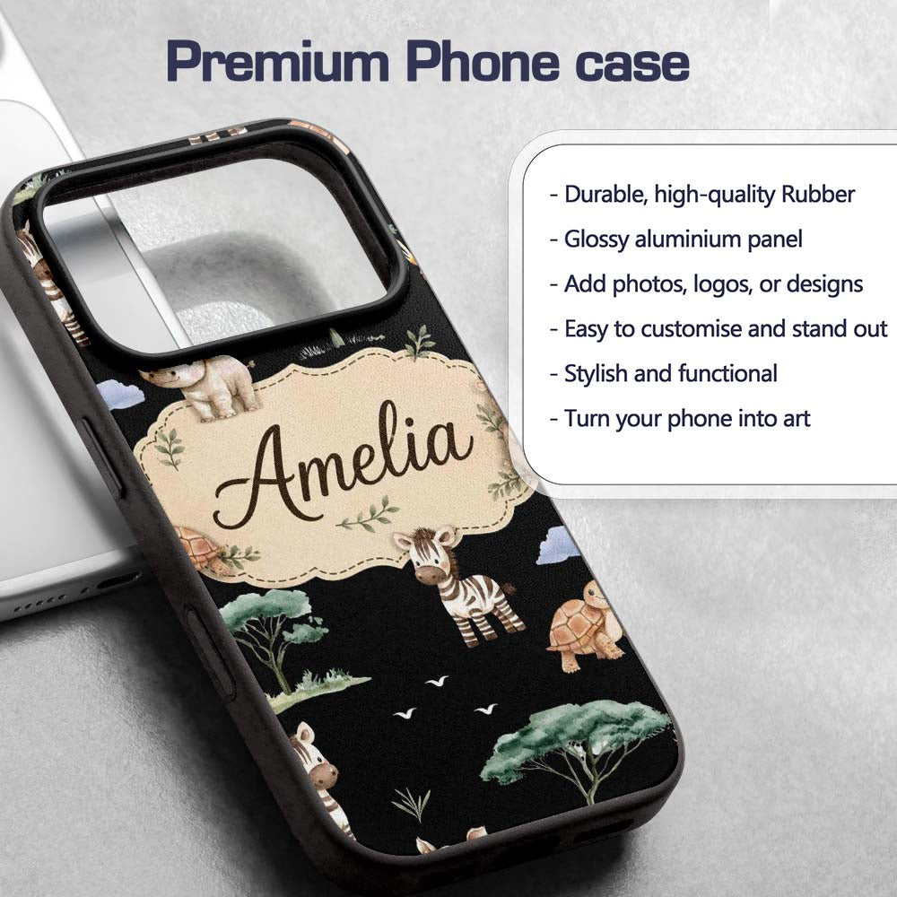 Cute Safari Animals Zebra Turtle Printed Design Custom Name Protective Phone Case Mobile Cover Durable Everyday Smartphone Shock Resistant