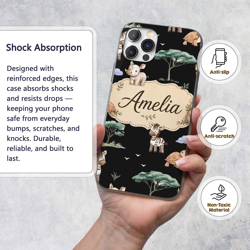 Cute Safari Animals Zebra Turtle Printed Design Custom Name Protective Phone Case Mobile Cover Durable Everyday Smartphone Shock Resistant