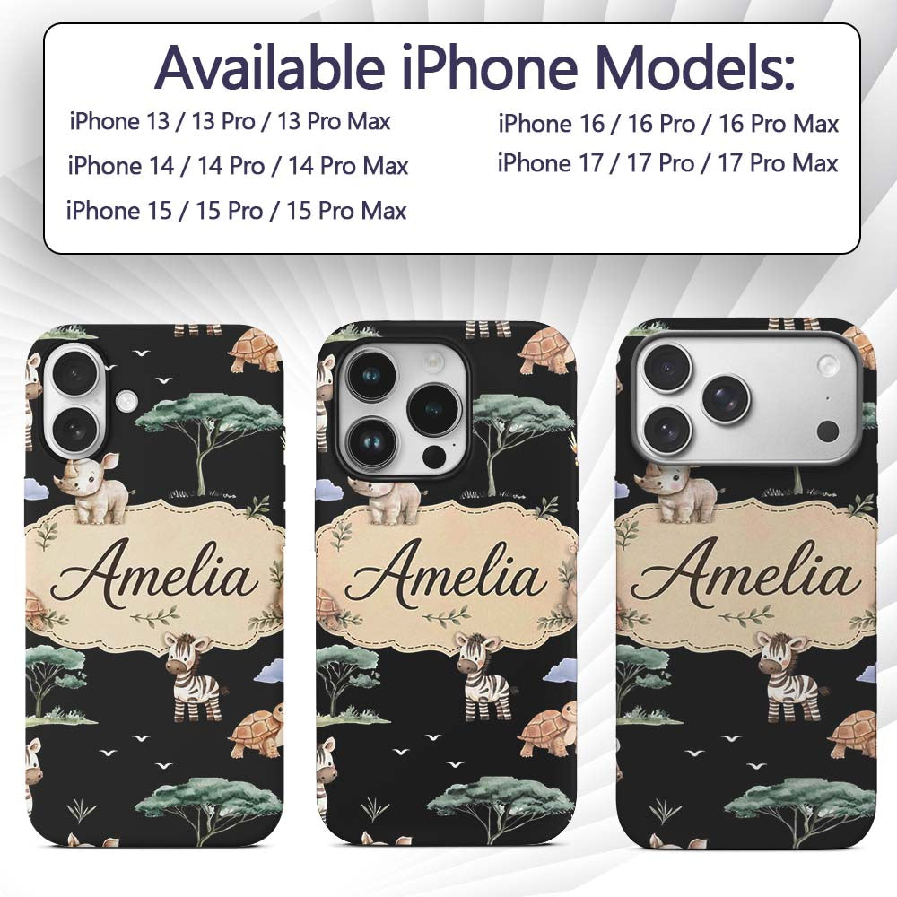 Cute Safari Animals Zebra Turtle Printed Design Custom Name Protective Phone Case Mobile Cover Durable Everyday Smartphone Shock Resistant