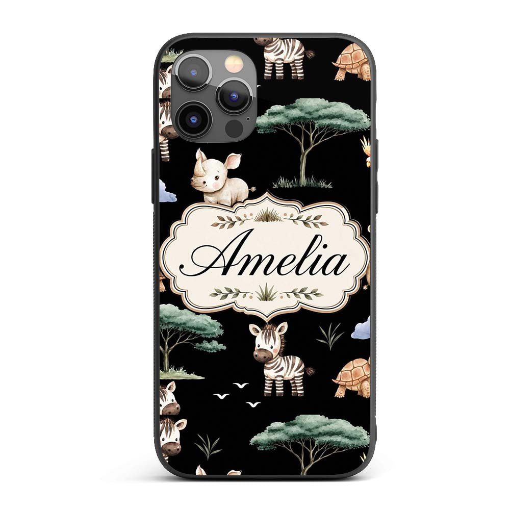 Cute Safari Animals Zebra Rhino Turtle on Black Custom Name Protective Phone Case Mobile Cover Durable Everyday Smartphone Shock Resistant