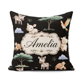 Custom Name Safari Animals Zebra Rhino on Black Seamless Pattern Square Filled Cushion Throw Pillow Sofa Bed Home Decor Zip Washable UK Made