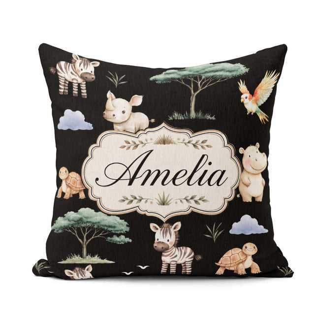 Custom Name Safari Animals Zebra Rhino on Black Seamless Pattern Square Filled Cushion Throw Pillow Sofa Bed Home Decor Zip Washable UK Made