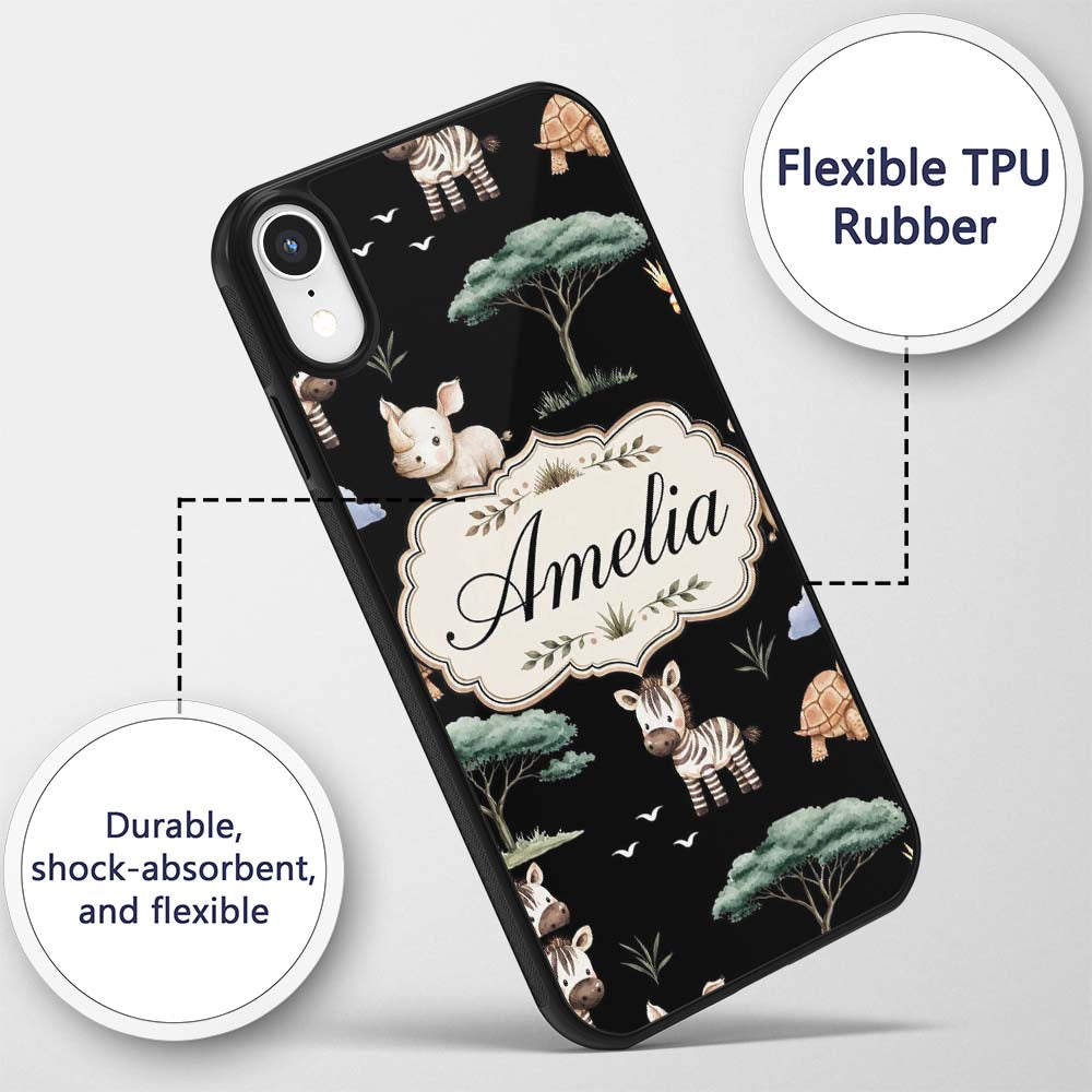 Cute Safari Animals Zebra Rhino Turtle on Black Custom Name Protective Phone Case Mobile Cover Durable Everyday Smartphone Shock Resistant