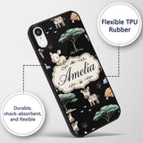 Cute Safari Animals Zebra Rhino Turtle on Black Custom Name Protective Phone Case Mobile Cover Durable Everyday Smartphone Shock Resistant