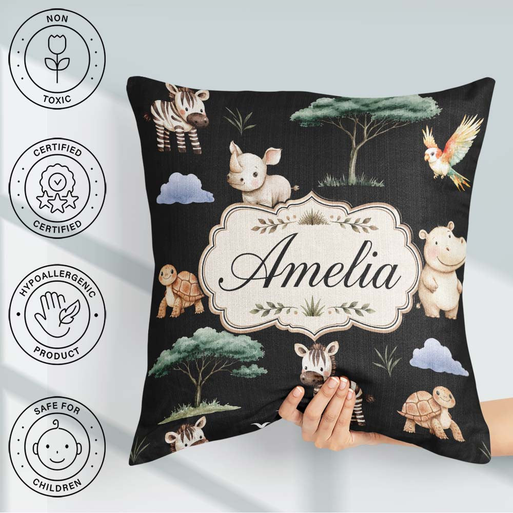 Custom Name Safari Animals Zebra Rhino on Black Seamless Pattern Square Filled Cushion Throw Pillow Sofa Bed Home Decor Zip Washable UK Made