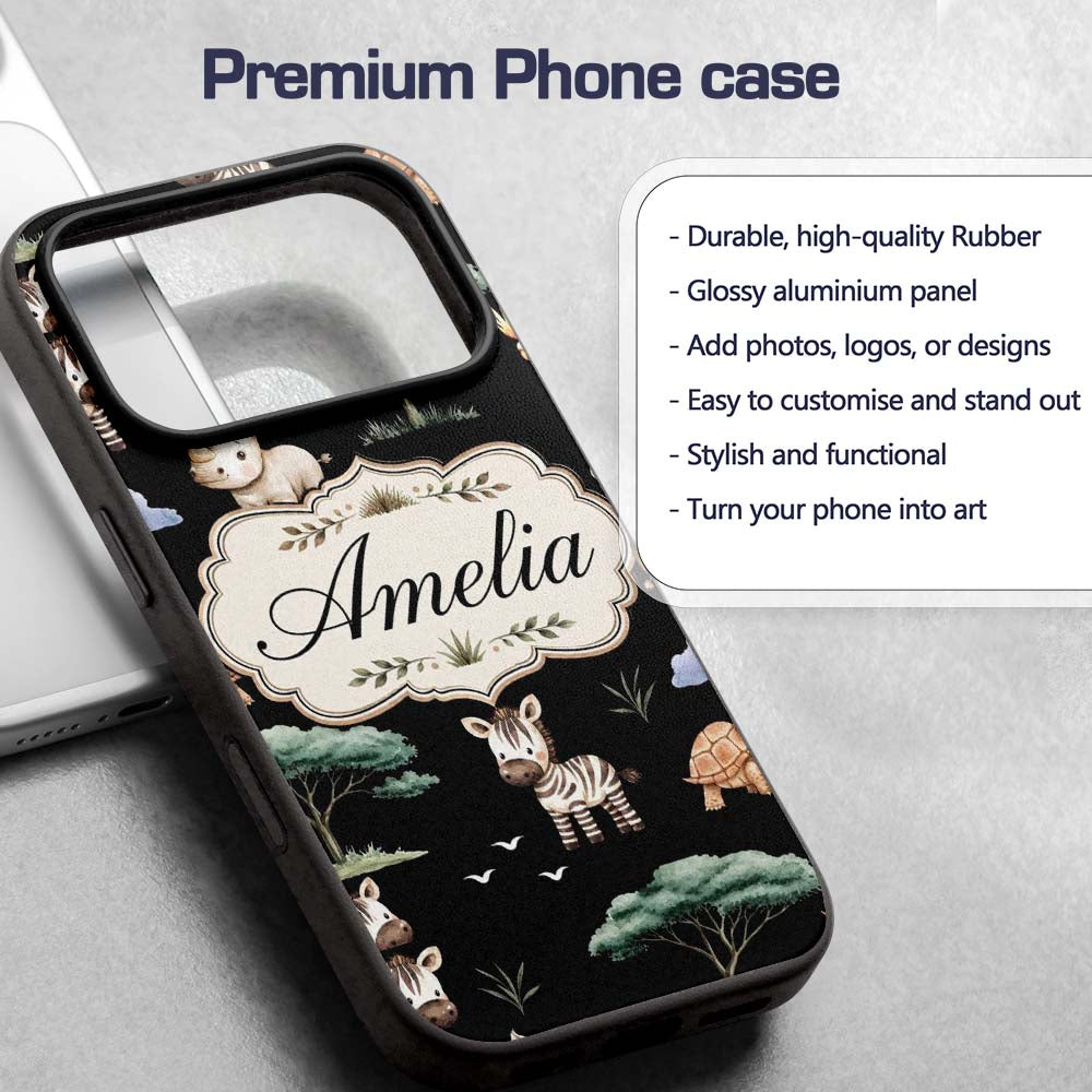 Cute Safari Animals Zebra Rhino Turtle on Black Custom Name Protective Phone Case Mobile Cover Durable Everyday Smartphone Shock Resistant