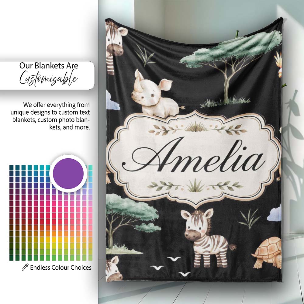 Cute Safari Animals Zebra Rhino Turtle on Black Seamless Pattern  Personalised Custom Name Super Soft Fleece Blanket Bed Sofa Throw