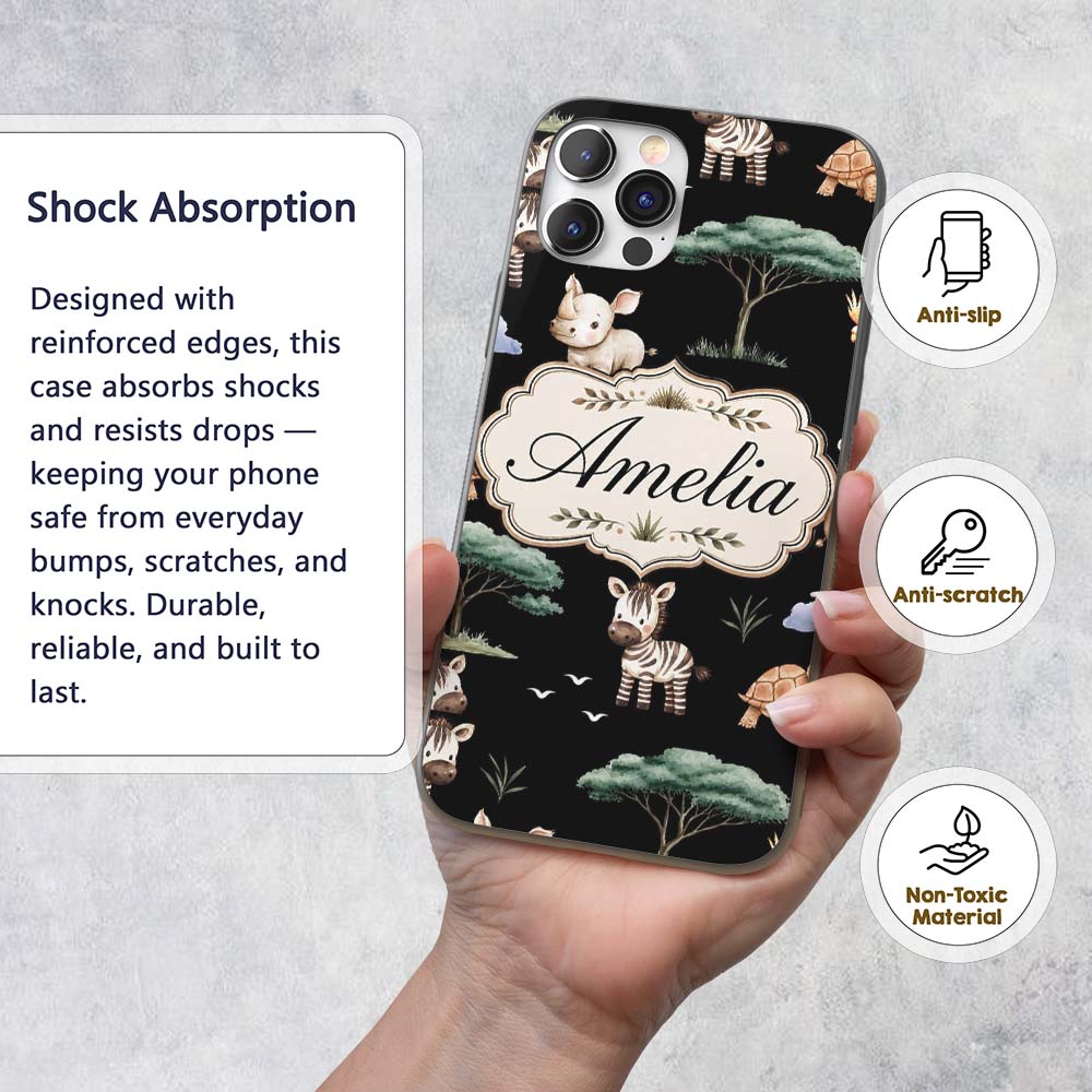 Cute Safari Animals Zebra Rhino Turtle on Black Custom Name Protective Phone Case Mobile Cover Durable Everyday Smartphone Shock Resistant