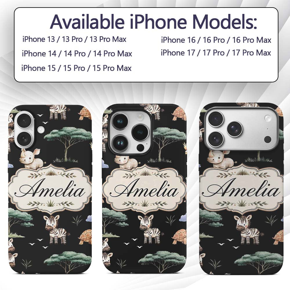 Cute Safari Animals Zebra Rhino Turtle on Black Custom Name Protective Phone Case Mobile Cover Durable Everyday Smartphone Shock Resistant
