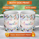 Personalized Custom Name Colorful Watercolor Butterflies on Sky Blue Background Seamless 11oz Ceramic Coffee Tea Mug White Large Handle