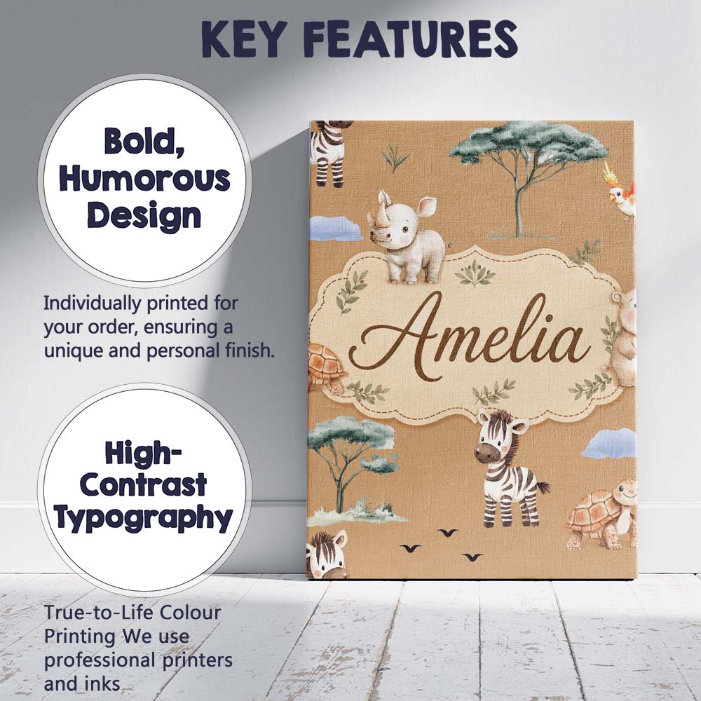 Personalised Name Cute Safari Animals Zebra Custom  Bespoke Interior Contemporary Canvas Wall Art Print Decor Picture Ready to Hang