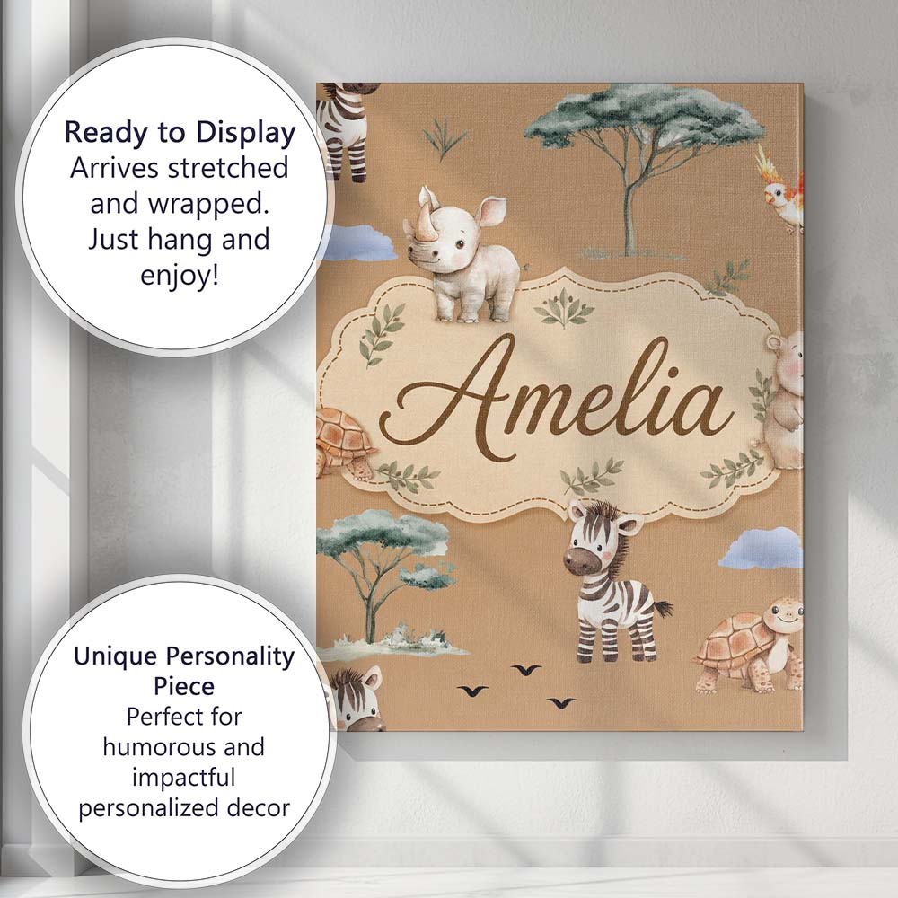 Personalised Name Cute Safari Animals Zebra Custom  Bespoke Interior Contemporary Canvas Wall Art Print Decor Picture Ready to Hang