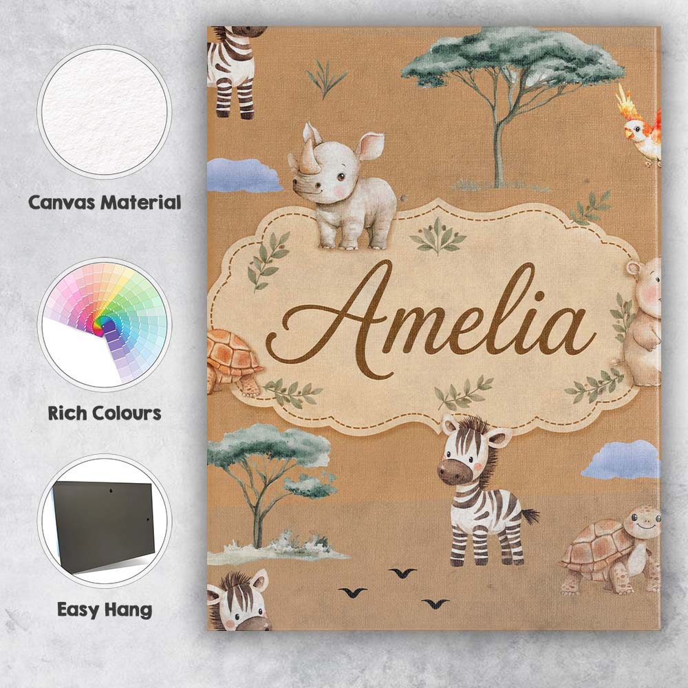 Personalised Name Cute Safari Animals Zebra Custom  Bespoke Interior Contemporary Canvas Wall Art Print Decor Picture Ready to Hang