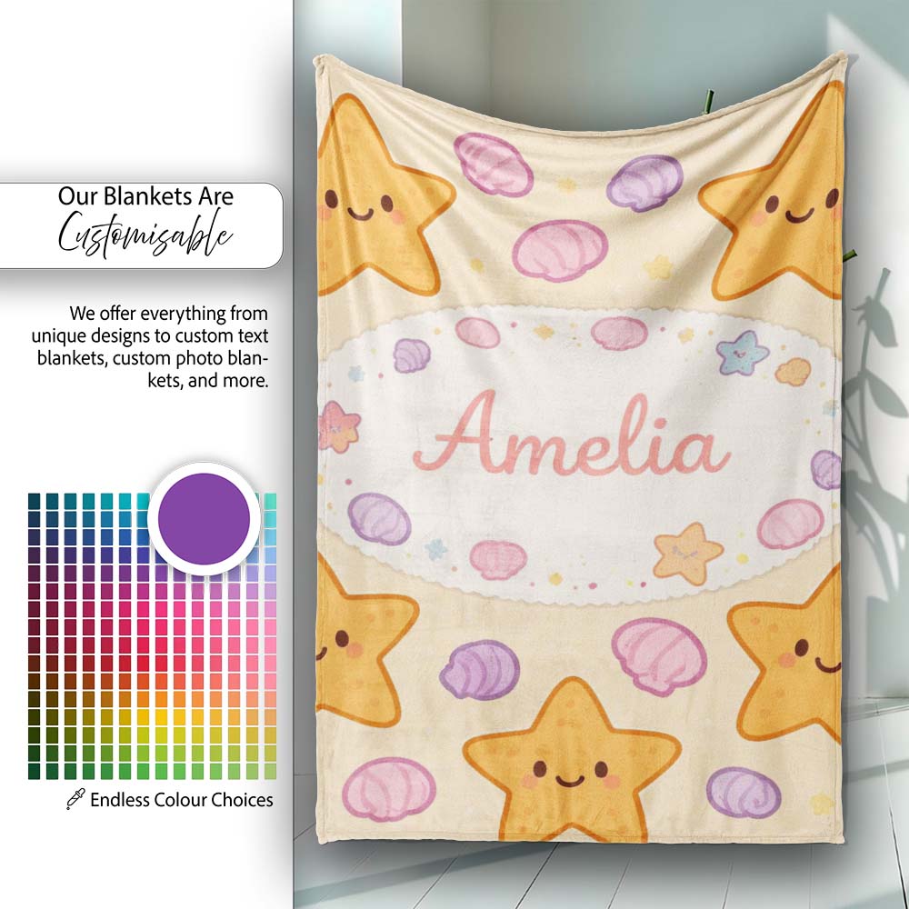 Cute Starfish Shell Cartoon Ocean Animal Pattern Cute Unique Gift  Personalised Custom Name Super Soft Fleece Blanket Bed Sofa Throw