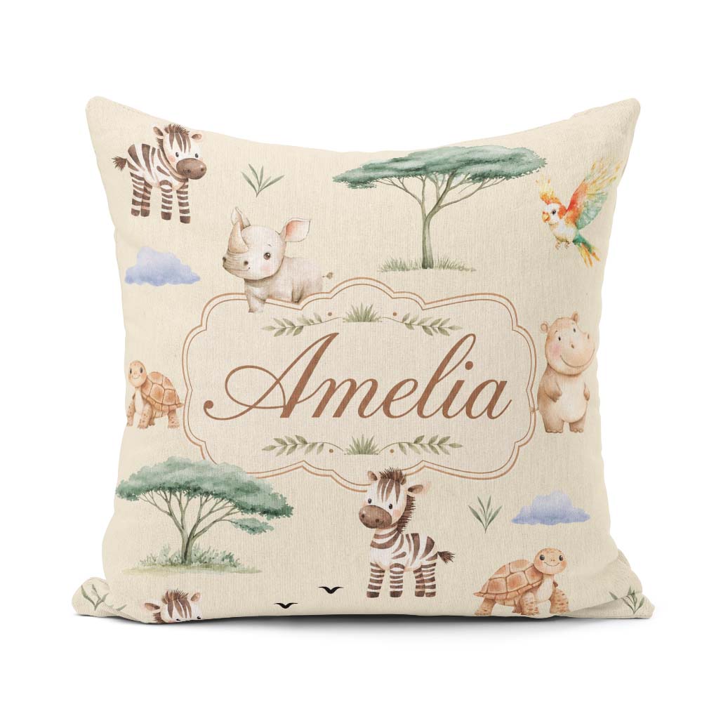 Custom Name Safari Animals Zebra Rhino on cream Seamless Pattern Square Filled Cushion Throw Pillow Sofa Bed Home Decor Zip Washable UK Made