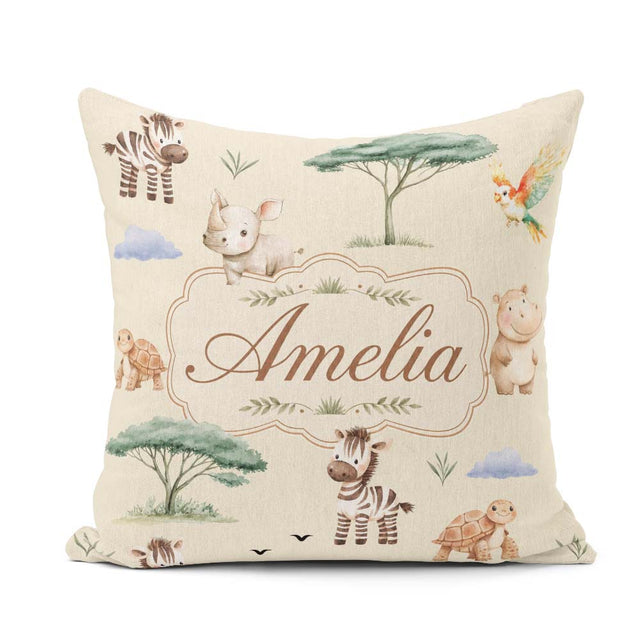 Custom Name Safari Animals Zebra Rhino on cream Seamless Pattern Square Filled Cushion Throw Pillow Sofa Bed Home Decor Zip Washable UK Made