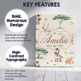 Personalised Name Cute Safari Animals Zebra Custom  Bespoke Interior Contemporary Canvas Wall Art Print Decor Picture Ready to Hang
