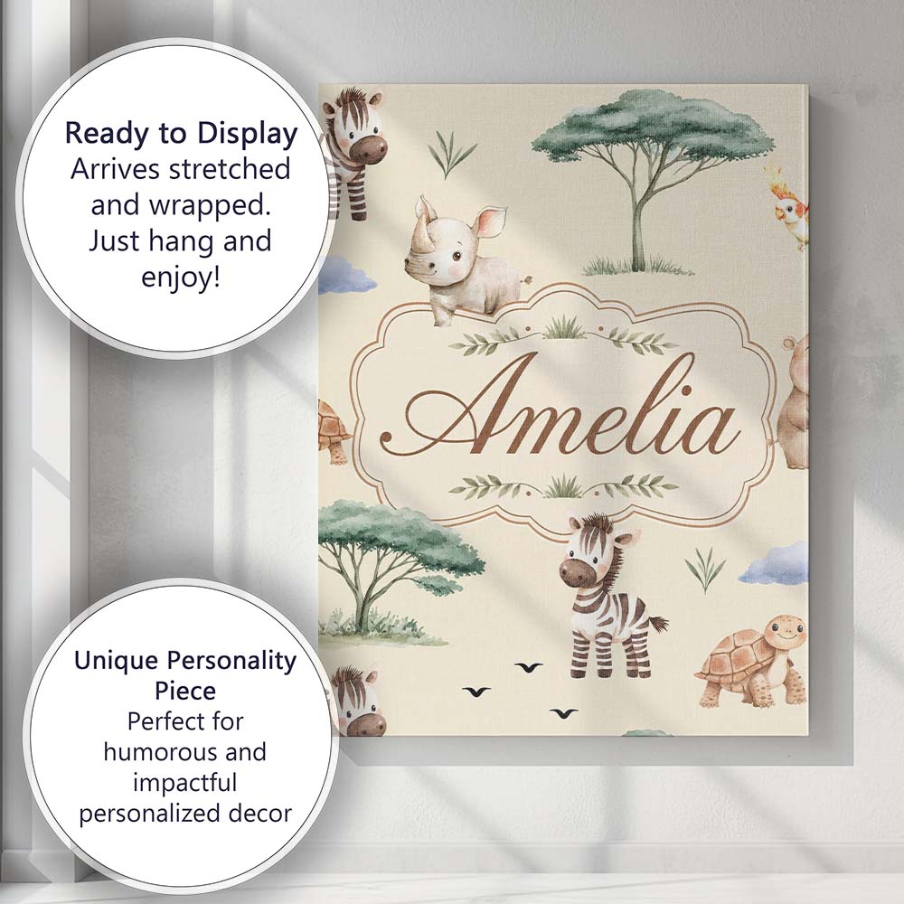Personalised Name Cute Safari Animals Zebra Custom  Bespoke Interior Contemporary Canvas Wall Art Print Decor Picture Ready to Hang