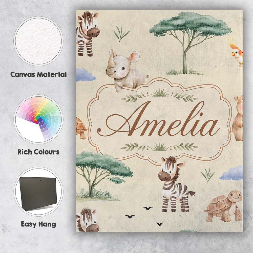 Personalised Name Cute Safari Animals Zebra Custom  Bespoke Interior Contemporary Canvas Wall Art Print Decor Picture Ready to Hang