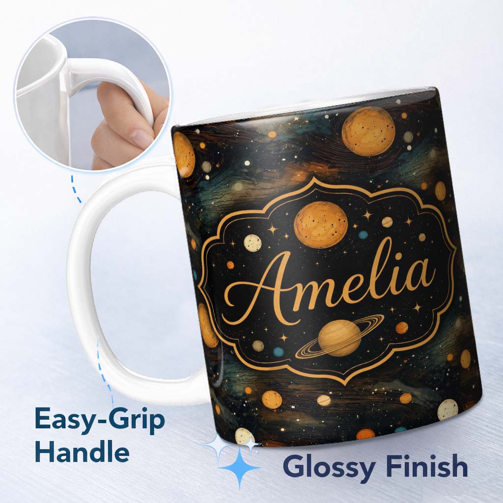 Personalized Custom Name Dark Golden Planets Galaxy Space Seamless Pattern Elegant Cosmic 11oz Ceramic Coffee Tea Mug White Large Handle