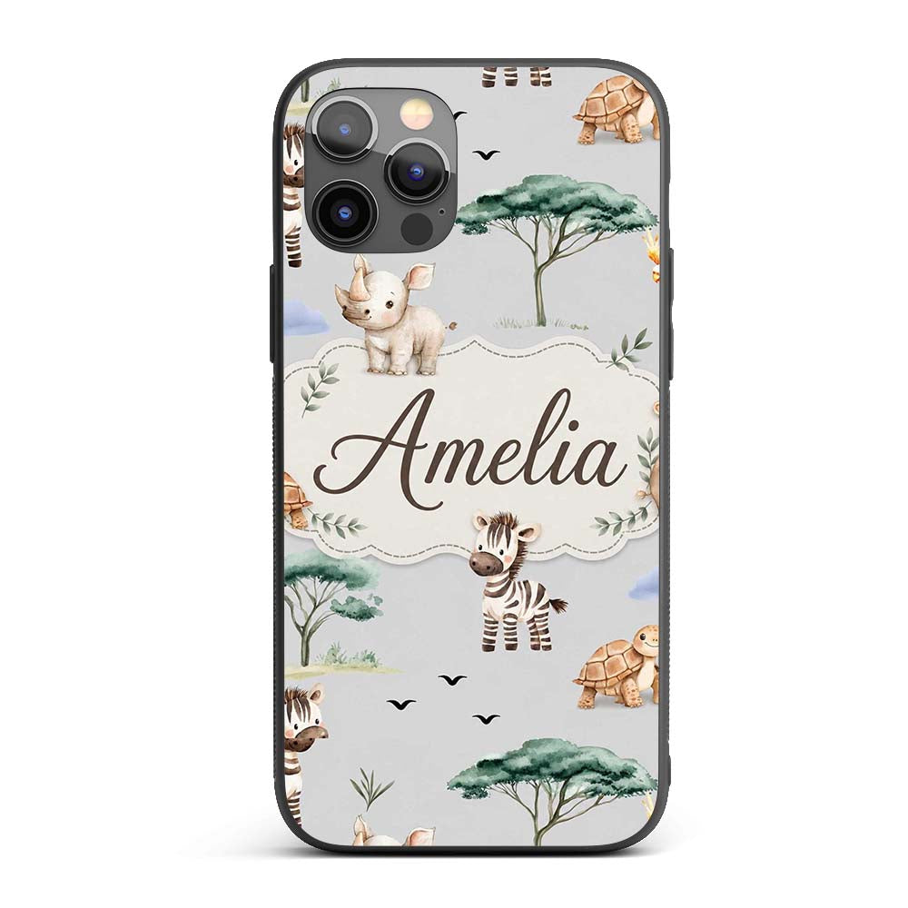 Cute Safari Animals Zebra Rhino Turtle on grey Custom Name Protective Phone Case Mobile Cover Durable Everyday Smartphone Shock Resistant