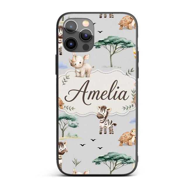 Cute Safari Animals Zebra Rhino Turtle on grey Custom Name Protective Phone Case Mobile Cover Durable Everyday Smartphone Shock Resistant