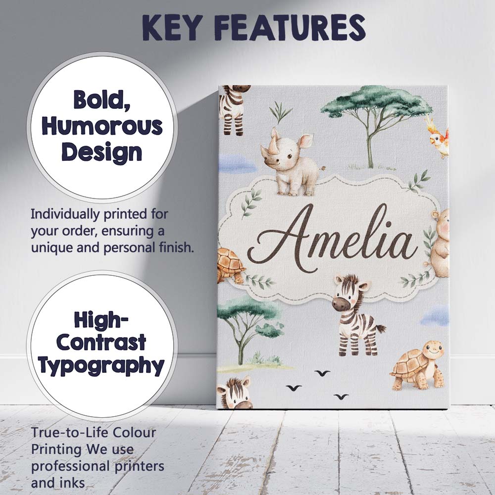 Personalised Name Cute Safari Animals Zebra Custom  Bespoke Interior Contemporary Canvas Wall Art Print Decor Picture Ready to Hang