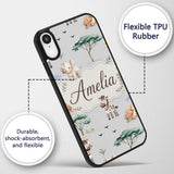 Cute Safari Animals Zebra Rhino Turtle on grey Custom Name Protective Phone Case Mobile Cover Durable Everyday Smartphone Shock Resistant