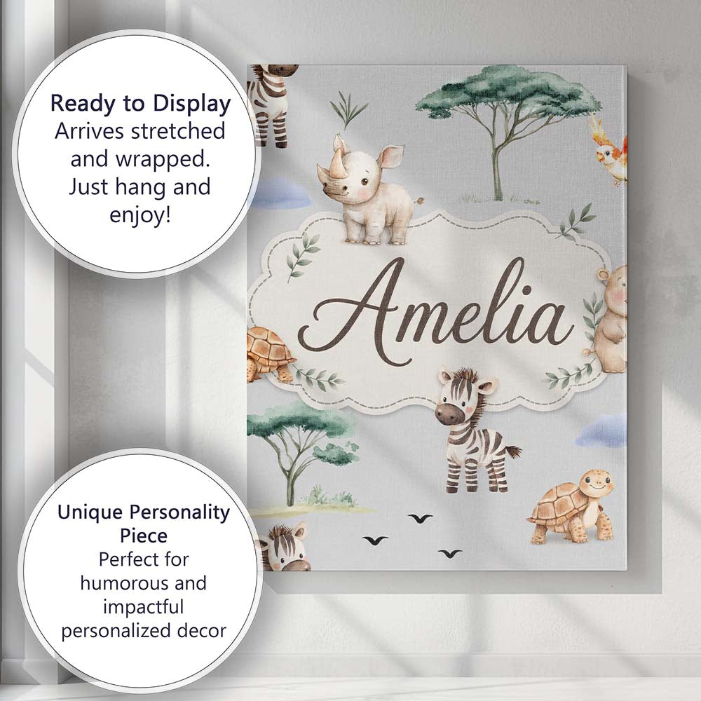 Personalised Name Cute Safari Animals Zebra Custom  Bespoke Interior Contemporary Canvas Wall Art Print Decor Picture Ready to Hang