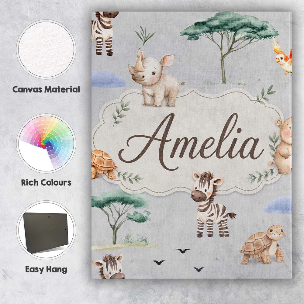 Personalised Name Cute Safari Animals Zebra Custom  Bespoke Interior Contemporary Canvas Wall Art Print Decor Picture Ready to Hang