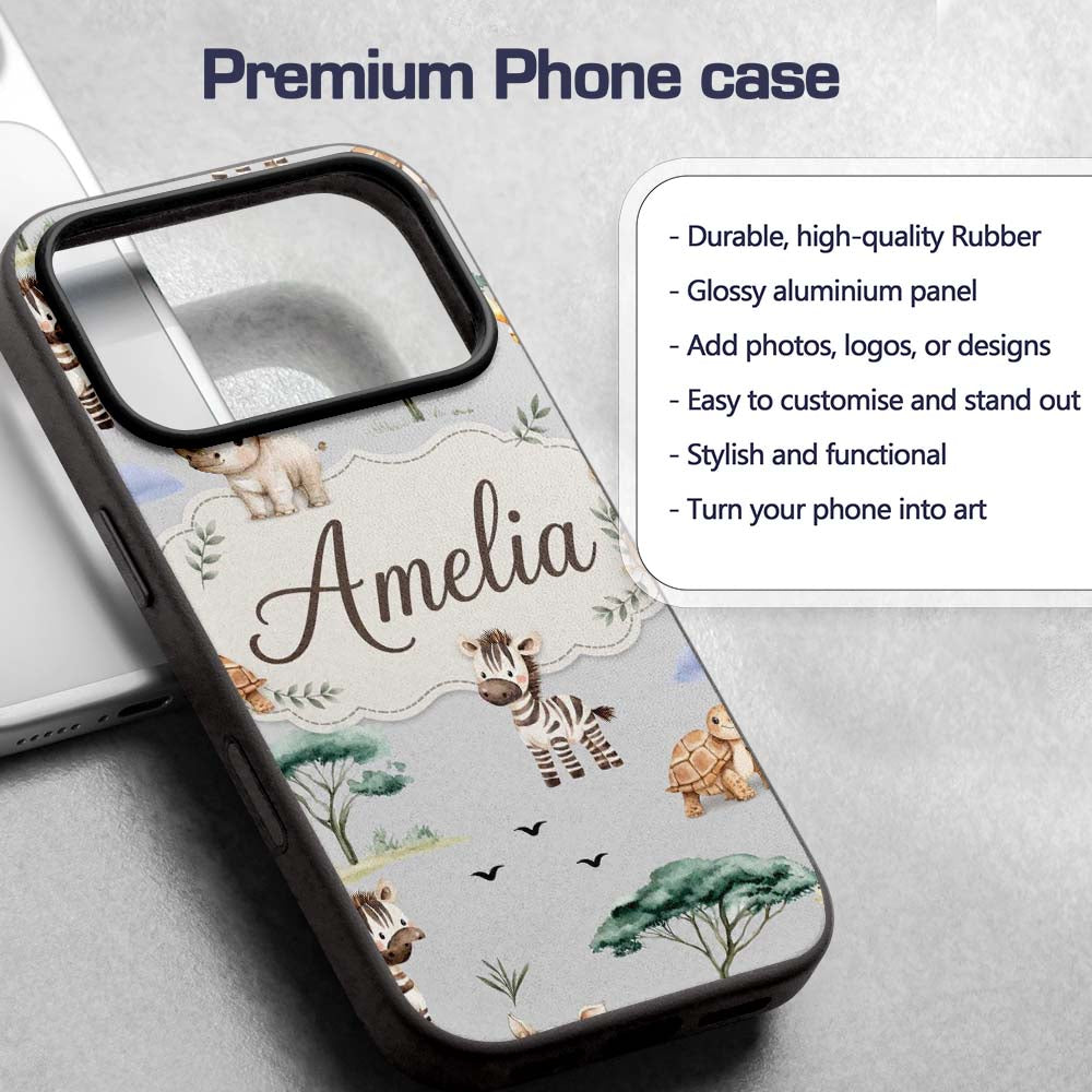 Cute Safari Animals Zebra Rhino Turtle on grey Custom Name Protective Phone Case Mobile Cover Durable Everyday Smartphone Shock Resistant