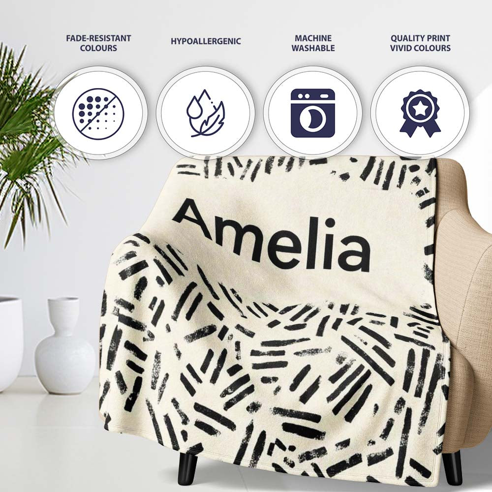 Scattered Dash Marks Black Cream Organic Abstract Pattern Lovely  Personalised Custom Name Super Soft Fleece Blanket Bed Sofa Throw