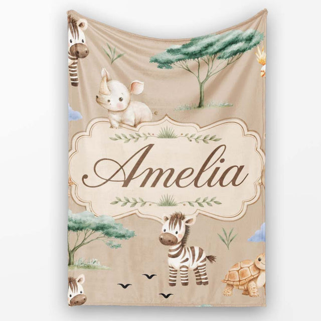 Cute Safari Animals Zebra Rhino Turtle Light Tan Seamless Pattern  Personalised Custom Name Super Soft Fleece Blanket Bed Sofa Throw