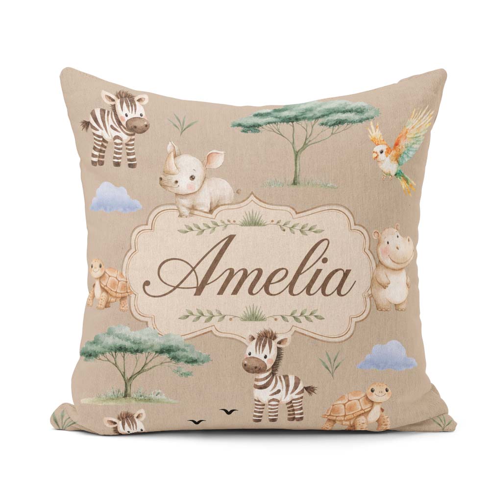 Custom Name Safari Animals Zebra Rhino Turtle Light Tan Seamless Square Filled Cushion Throw Pillow Sofa Bed Home Decor Zip Washable UK Made