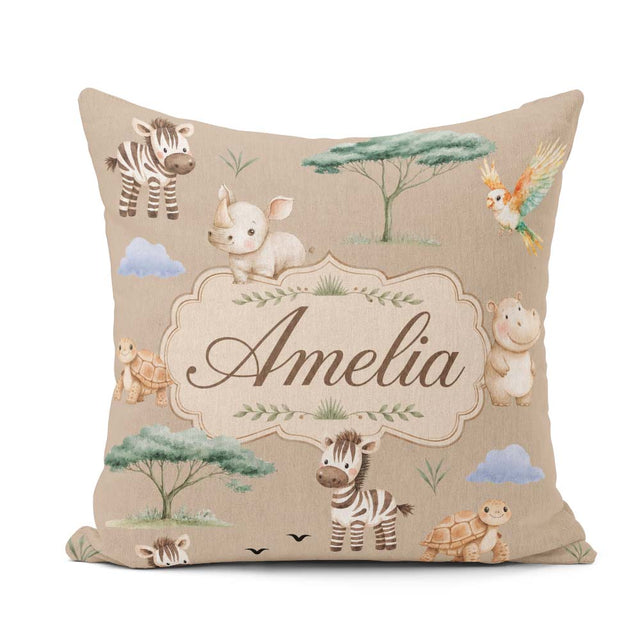 Custom Name Safari Animals Zebra Rhino Turtle Light Tan Seamless Square Filled Cushion Throw Pillow Sofa Bed Home Decor Zip Washable UK Made