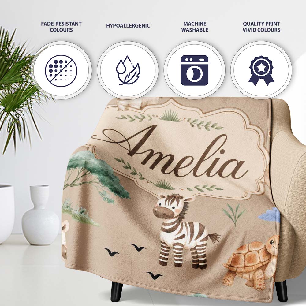 Cute Safari Animals Zebra Rhino Turtle Light Tan Seamless Pattern  Personalised Custom Name Super Soft Fleece Blanket Bed Sofa Throw