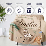 Cute Safari Animals Zebra Rhino Turtle Light Tan Seamless Pattern  Personalised Custom Name Super Soft Fleece Blanket Bed Sofa Throw
