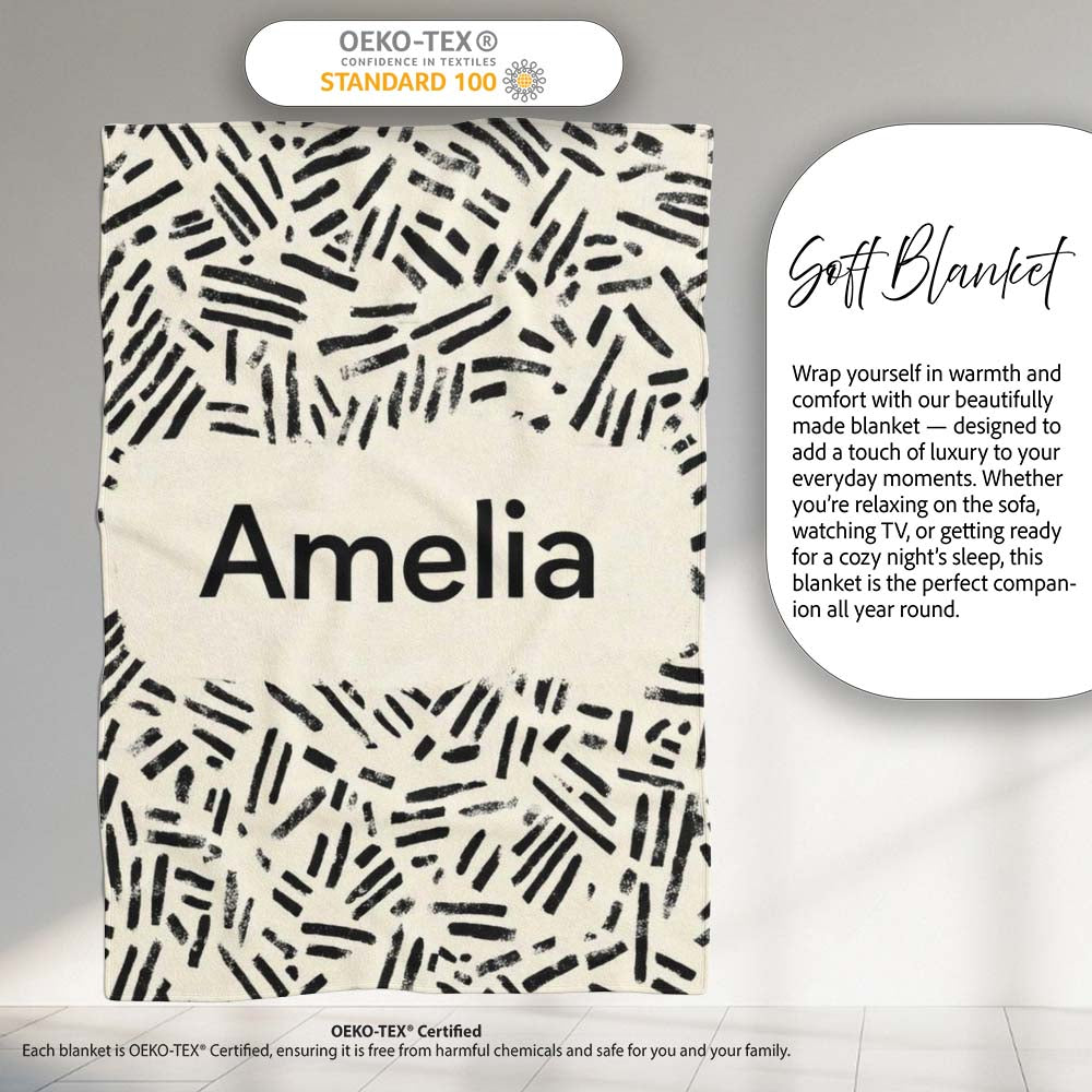 Scattered Dash Marks Black Cream Organic Abstract Pattern Lovely  Personalised Custom Name Super Soft Fleece Blanket Bed Sofa Throw