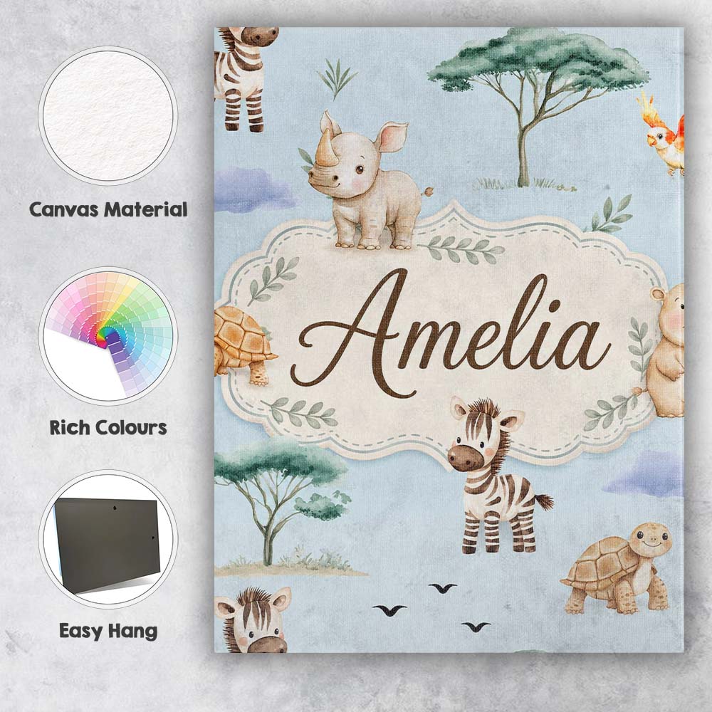 Personalised Name Cute Safari Animals Zebra Custom  Bespoke Interior Contemporary Canvas Wall Art Print Decor Picture Ready to Hang