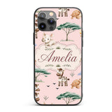 Cute Safari Animals Zebra Rhino Turtle Soft Pink Custom Name Protective Phone Case Mobile Cover Durable Everyday Smartphone Shock Resistant