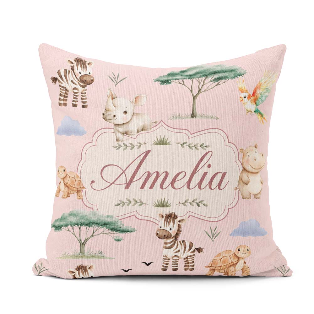 Custom Name Safari Animals Zebra Rhino Turtle Soft Pink Seamless Square Filled Cushion Throw Pillow Sofa Bed Home Decor Zip Washable UK Made