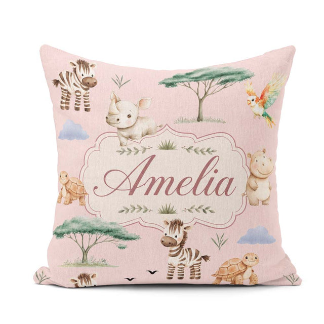 Custom Name Safari Animals Zebra Rhino Turtle Soft Pink Seamless Square Filled Cushion Throw Pillow Sofa Bed Home Decor Zip Washable UK Made