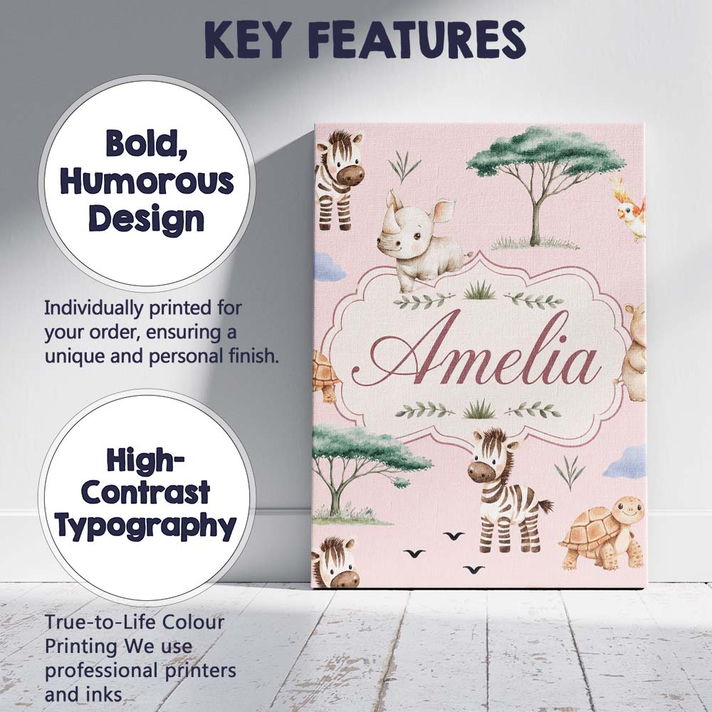 Personalised Name Cute Safari Animals Zebra Custom  Bespoke Interior Contemporary Canvas Wall Art Print Decor Picture Ready to Hang