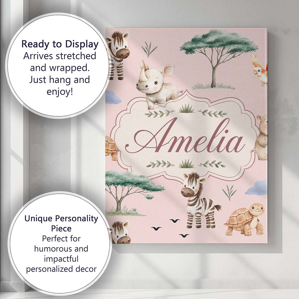 Personalised Name Cute Safari Animals Zebra Custom  Bespoke Interior Contemporary Canvas Wall Art Print Decor Picture Ready to Hang