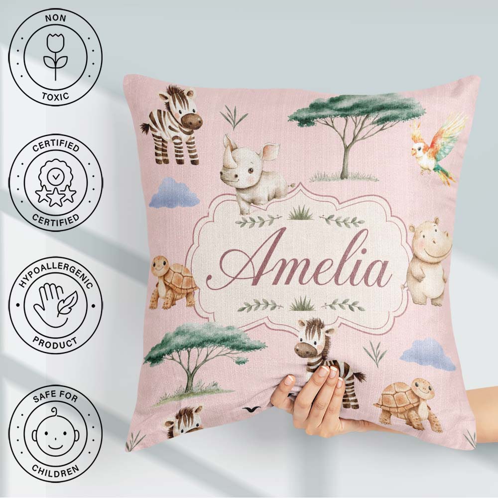 Custom Name Safari Animals Zebra Rhino Turtle Soft Pink Seamless Square Filled Cushion Throw Pillow Sofa Bed Home Decor Zip Washable UK Made